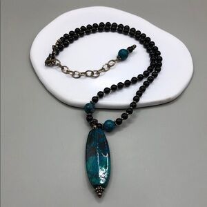 Chrysocolla stone sterling silver 925 necklace onyx beads boho artisan vintage